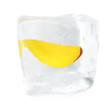 Slice Mango frozen in ice cube, ice cube in front view, single ice cube isolated Stock Illustration