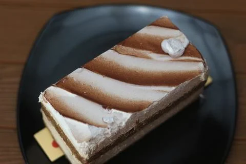A slice of marble chocolate cake with white and brown swirls on a dark plate, 库存照片