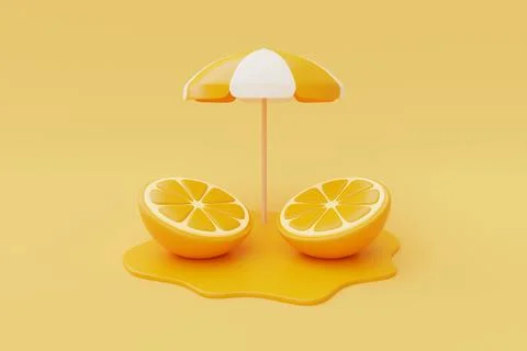 Slice of orange with beach umbrella isolate on orange background, summer frui Stock Illustration