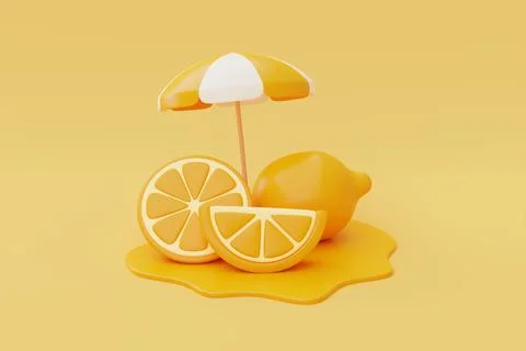 Slice of orange with beach umbrella isolate on orange background, summer frui Stock Illustration