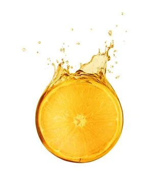 Slice of orange is drowned in splashes of juice isolated on white background Stock Photos