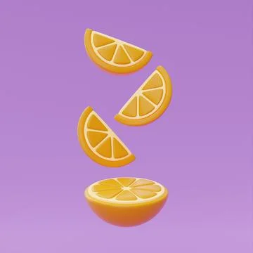 Slice of orange floating isolate on purple background, summer fruits, 3d rend Stock Illustration