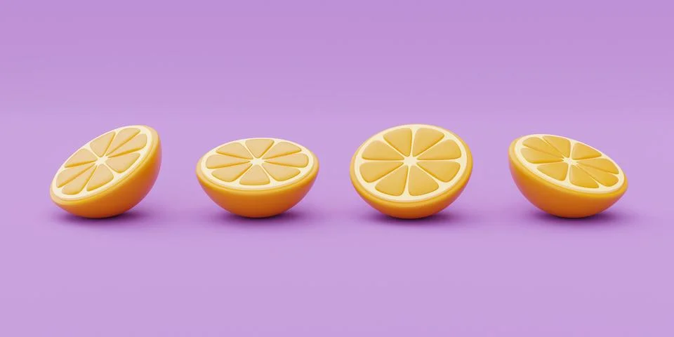Slice of orange isolate on purple background, summer fruits, 3d rendering. Stock Illustration