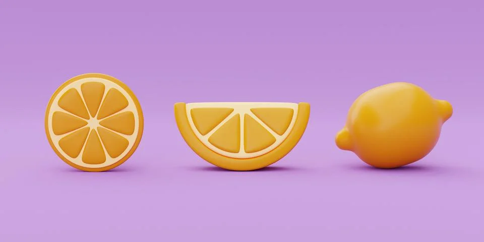 Slice of orange isolate on purple background, summer fruits, 3d rendering. Stock Illustration