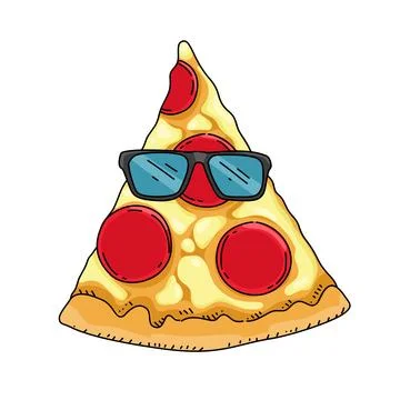 A slice of papperonie pizza with sunglasses on it. Food cartoon character Illustration