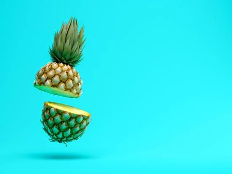 Slice pineapple on blue background 3D rendering Stock Illustration