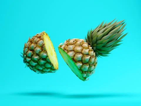 Slice pineapple on blue background 3D rendering 스톡 일러스트