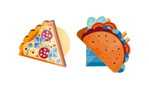 Slice of Pizza and Tacos, Set, Top View of Appetizing Fresh Fast Food Dishes Stock Illustration