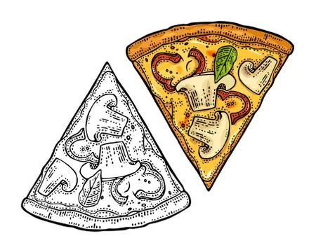 Slice pizza capricciosa. Top view. Vintage vector engraving Stockillustratie