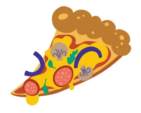 Slice of pizza. Delicious slice of pizza with melted cheese, salami, onions a Stock Illustration