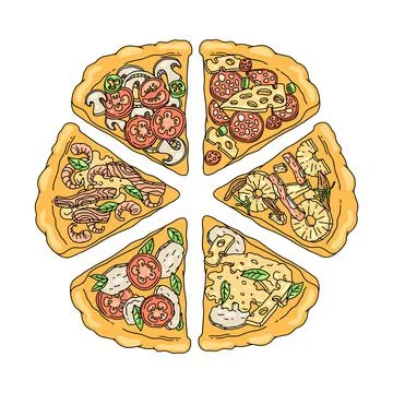 Slice of pizza with different toppings: pepperoni, Hawaiian, plain cheese and Stock Illustration