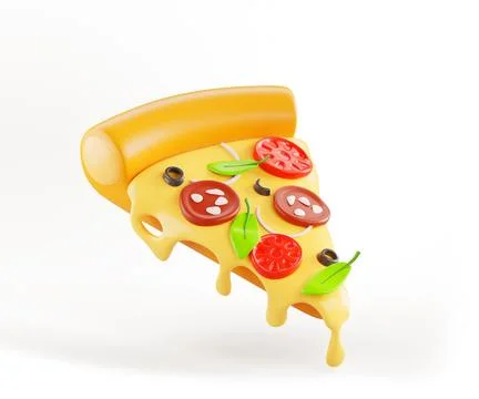 Slice of pizza with melted cheese 3d render icon. Cartoon piece of italian food Illustrazione stock