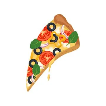 A slice of pizza with melted dripping cheese, tomatoes, olives and basil Stock Illustration