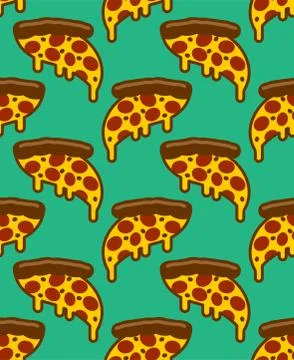 Slice of pizza pattern seamless. flowing cheese ornament. Cartoon fast food v Stock Illustration