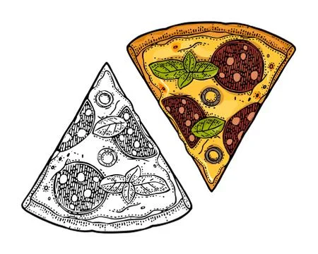 Slice pizza pepperoni. Vintage vector engraving illustration for poster, menu Stockillustratie