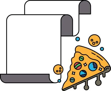 A slice of pizza is on a piece of paper with a scroll Illustrazione stock