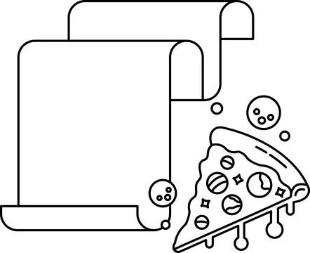 A slice of pizza is on a piece of paper with a scroll Stock Illustration