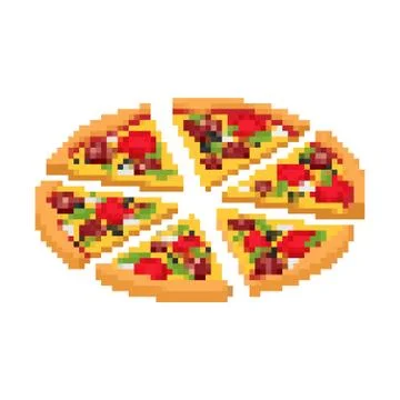 Slice of pizza pixel art. Fast food 8bit. Video game Old school digital graph Stock Illustration