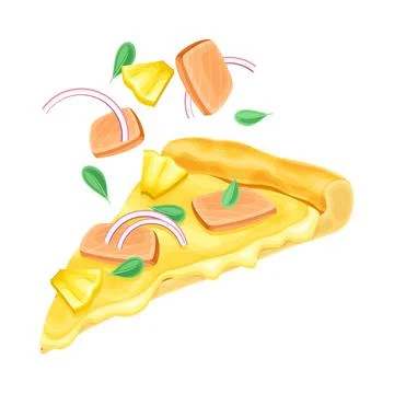 Slice of pizza with salmon and pineapple. Tasty Italian fast food vector Stock Illustration