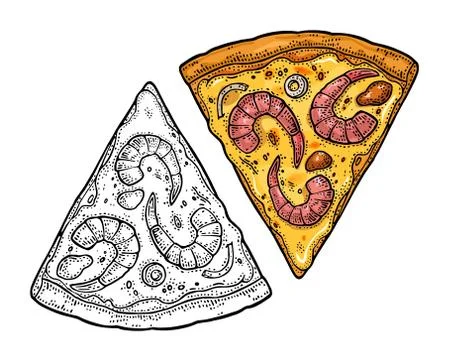 Slice pizza seafood. Vintage vector engraving illustration for poster, menu,  Stock Illustration