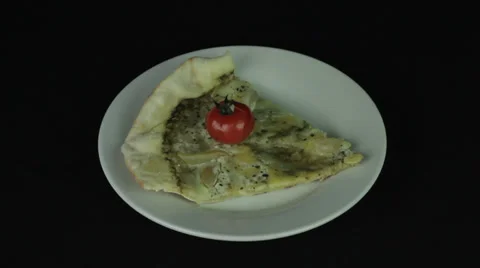  Slice of pizza in a white plate on a black background revolves loop Stock Footage 35148986