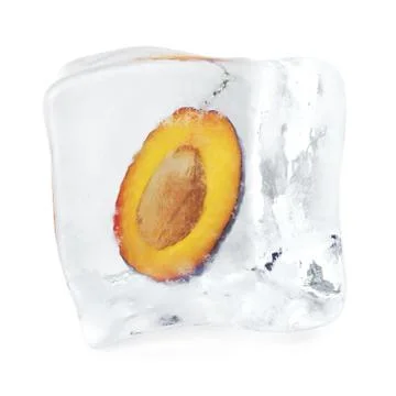 Slice Plum with bone frozen in ice cube, ice cube in front view, single ice cube Stock Illustration