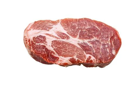 Slice of pork meat with fat isolated on white, top view, clipping path Stock Photos