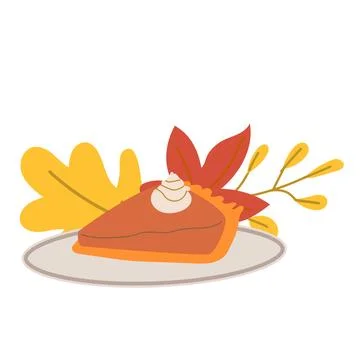 Slice of pumpkin pie with decorative fall leaves and whipped cream Stock Illustration