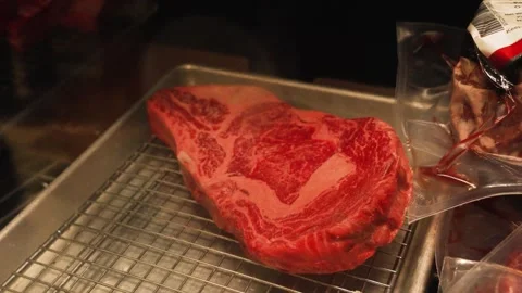 A Slice Of Raw Meat Display On Freezer In A Restaurant. Close-up Shot Stock Footage 303147530