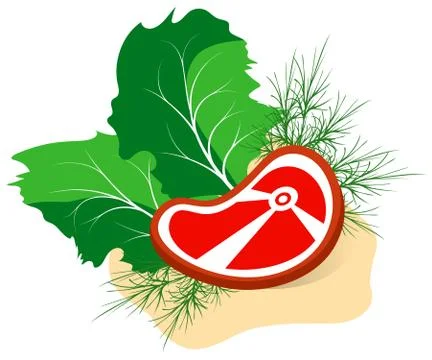 Slice of raw meat with lettuce and dill on a white background Stock Illustration
