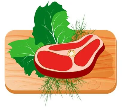 Slice of raw meat lies on the kitchen board with salad and dill Stock Illustration