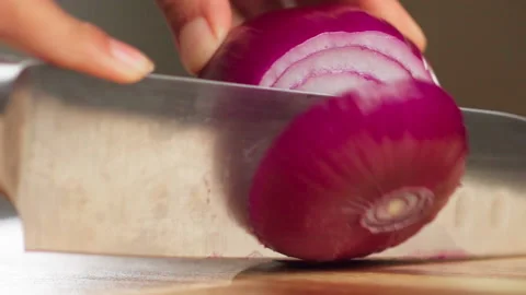 Slice red onion by knife Stock Footage 158435583
