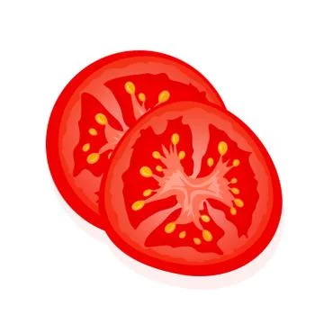 Slice of red tomato isolated on white. Two slices of ripe juicy tomato. Vector 스톡 일러스트
