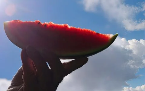 A slice of red watermelon held by a hand up in the blue sky in summer. Stock Photos