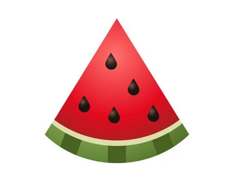 Slice of red watermelon icon, showing red pink flesh, black seeds and green.. Stock Illustration