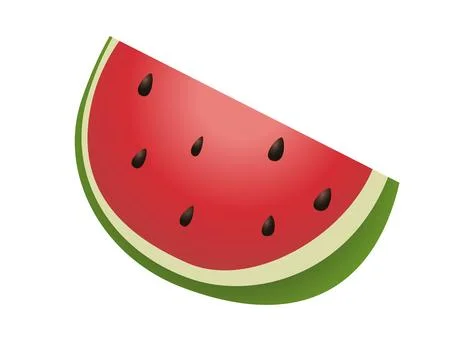 Slice of red watermelon icon, showing red pink flesh, black seeds and green.. Stock Illustration
