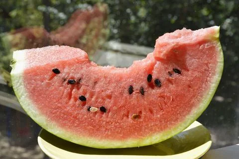 A slice of ripe watermelon with red pulp and black seeds in bright sunlight Stock Photos
