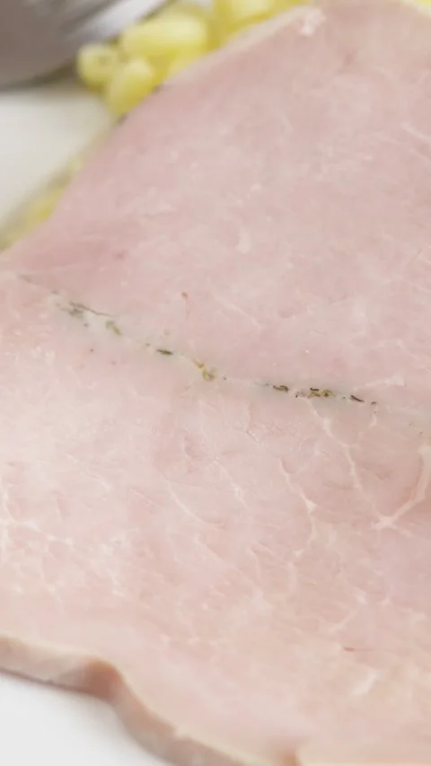 Slice of roast pork, close-up Stock Footage 296224838