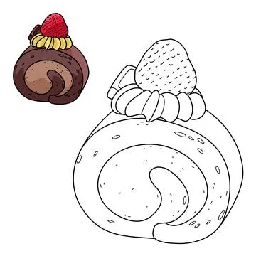 A slice of roll of chocolate cake with a cookies crumbs and chocolate cream red  Stock Illustration