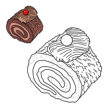 A slice of roll of chocolate cake with a cookies crumbs and chocolate cream red  Stock Illustration