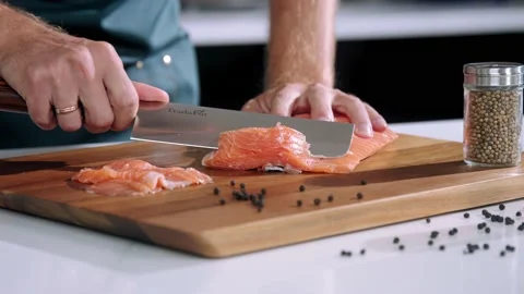 Slice the salmon close-up Stock Footage 223220644