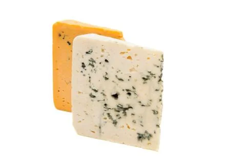 Slice of soft blue cheese with mold isolated Stock Photos