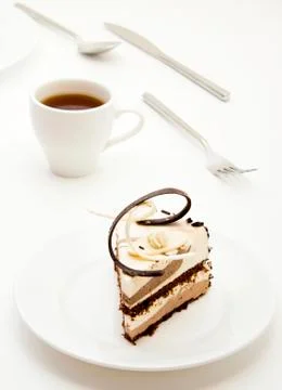 Slice of souffle cake on plate Stock Photos
