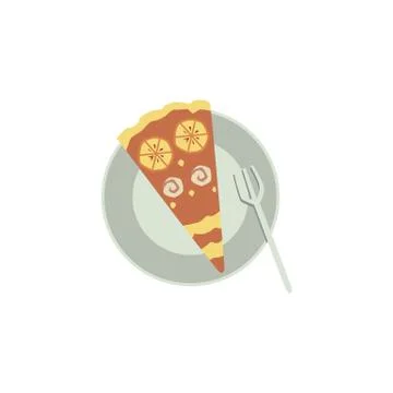 Slice of sweet cake or pie lies on plate with fork vector illustration isolated. Stock Illustration