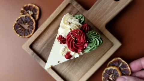 A slice of sweet layered cake with white cream for a birthday or holiday. A slic Stock Footage 324675090