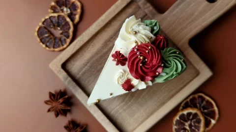 A slice of sweet layered cake with white cream for a birthday or holiday. A slic Stock Footage 324675093