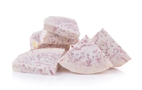Slice taro root on white background Stock Photos