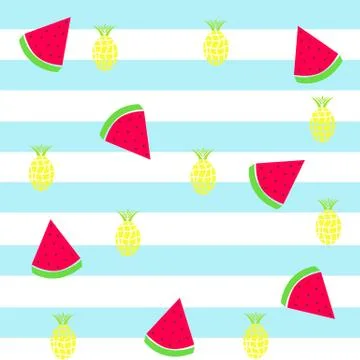 Slice watermelon and pineapple on striped blue background Stock Illustration