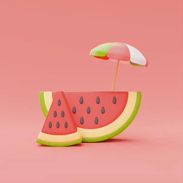 Slice of watermelon with beach umbrella isolate on orange background, summer  Stock Illustration