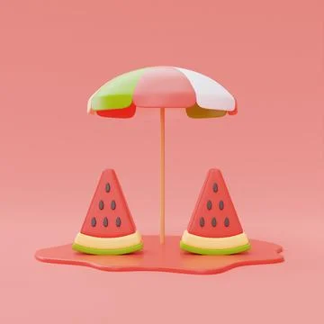 Slice of watermelon with beach umbrella isolate on orange background, summer  Stock Illustration